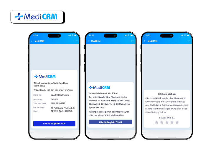 Ngoài tính năng nhắc lịch tái khám, MediCRM còn có thể khảo sát sau khám hiệu quả